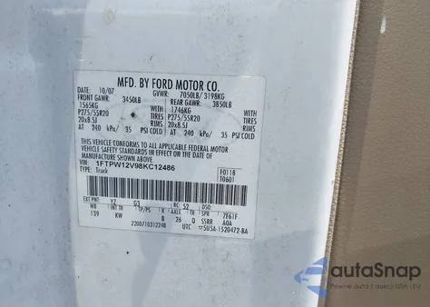 2008 Ford F-150 60Th Anniversary/Fx2/King Ranch/Lariat/Xlt z USA, uszkodzony, nr VIN 1FTPW12V98KC12486